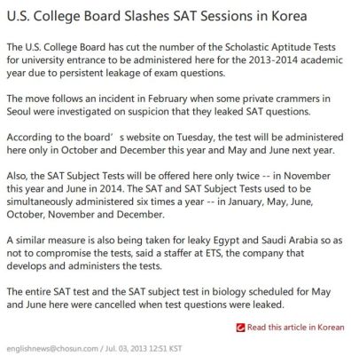 U.S. College Board Slashes SAT Sessions in Korea