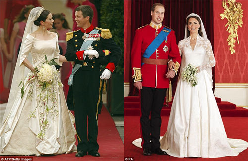 Spring brides: Princess Mary tied the knot with Prince Frederik in May 2004 while Prince William and Kate married in April 2011. Both brides opted for veils and long-sleeved dressed and wore tiaras. 20045뵤׵ϲӺͿ20114½顣λﶼѡɴ볤ɴͷʹڡ