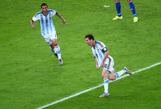 Lionel Messi and Angel Di Maria after Messi second goal versus Bosnia and Herzegovina
