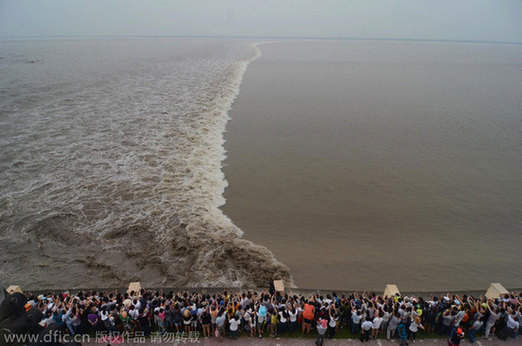 The Qiantang River tide creates a massive wave across the river. [Photo/IC] The Qiantang River tide creates a massive wave across the river. [Photo:IC]