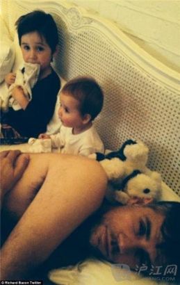 Sizzling: Richard Bacon posted a snap with his children and a host of cuddly toys.