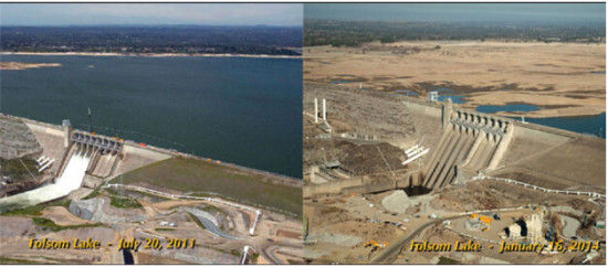 (政府网站公布的北加州一水库2011年7月和2014年1月水量对比图。而2014又经历了气象史上最干旱的一年。)
