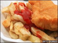 Fish, chips and ketchup