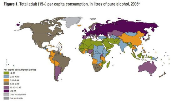 世界人均酒精消费量地图说明了什么?