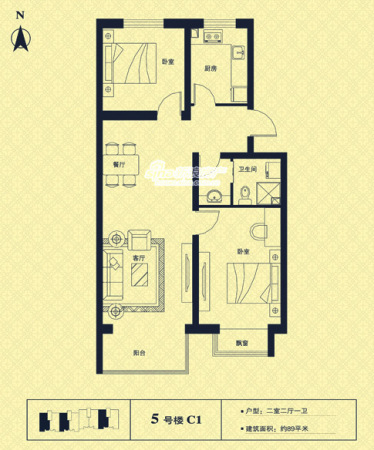 图为项目89平米2室2厅1卫户型图