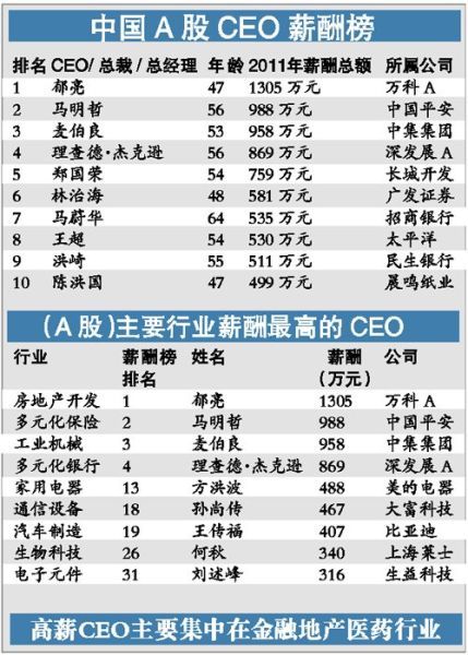 2012年中国上市公司CEO薪酬榜 万科郁亮居首