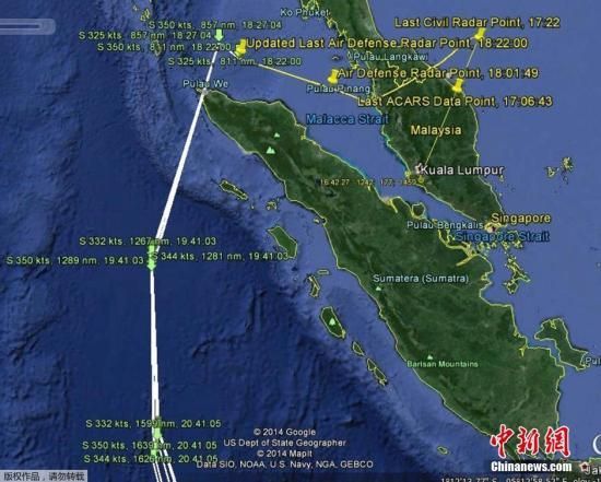 5月1日，马来西亚交通部通过路透社发布的地图展示了失联马航航班可能的飞行线路