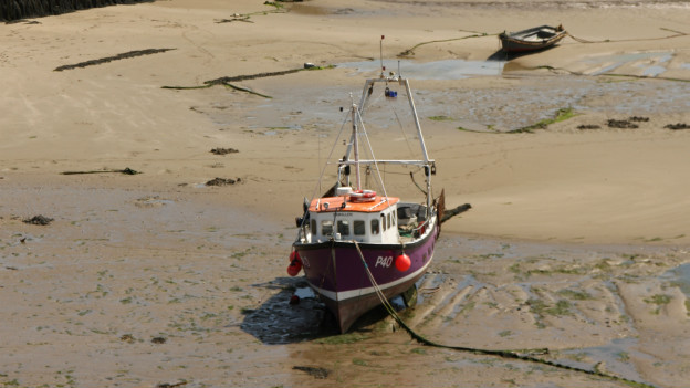 A fishing boat sits in mud at low tide