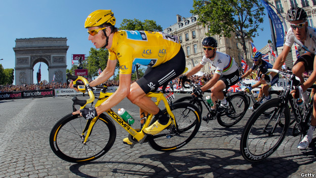 Britain's Bradley Wiggins rounds the Arc de Triomphe during the final stage of the 2012 Tour de France.