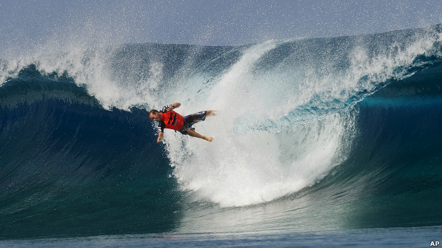 CJ Hobgood in action at the Billabong Pro Tahiti surfing competition in Tahiti