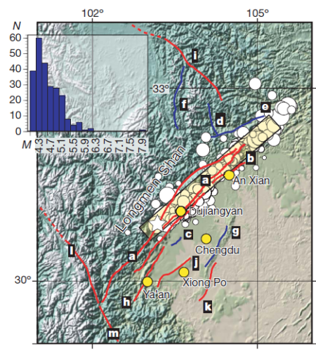 来自该研究的图片：白色五星为汶川地震的震中，白色圆圈为至2008年6月5日的余震。红线是应力增加的断层，蓝线是应力降低的断层，而黄色的点是人口密集的城市。