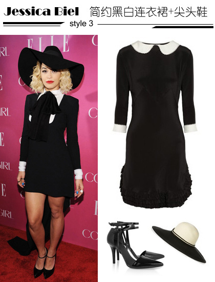 �ڰ�ײɫ����ȹ + ��ͷ�߸�Ь + ����ñ