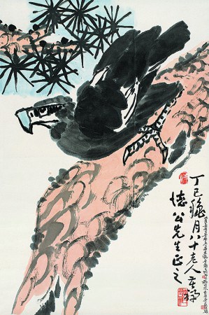 中国古美術・鹰 四条屏画芯・李苦禅印款・水墨画・純手描き・書道品・宣紙・水印付き 中国古美術・鹰 四条屏画芯・李苦禅印款・水墨画・純手描き