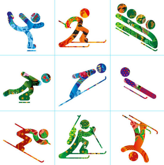 第一排左起花样滑冰,越野滑雪,有舵雪橇;第二排左起速度滑冰,跳台滑雪