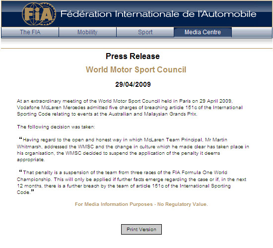 FIA公布伪证门裁决结果迈凯轮被禁赛三场缓期执行