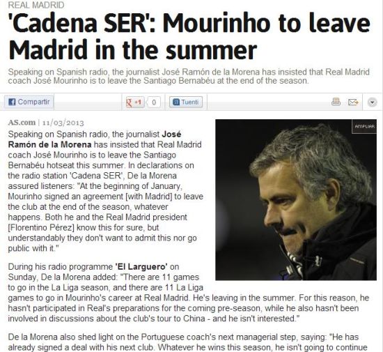 《阿斯报》引西班牙塞尔电台信息，爆料穆里尼奥本赛季末将走人