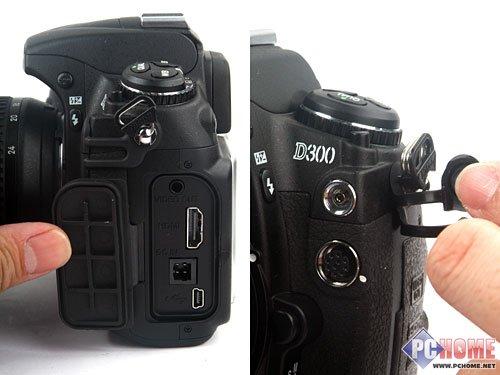 尼康d300常用的输入输出接口都整合在了机身一侧的橡胶盖下面,如图