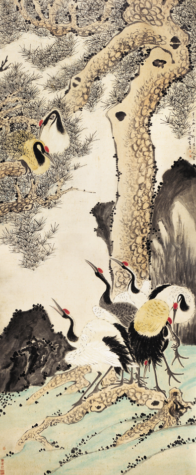华喦松鹤图设色纸本立轴327x136cm约40平尺