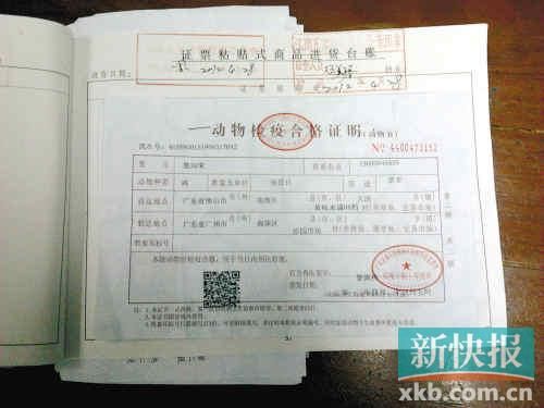 附有"动物检疫合格证明"的进货台账.