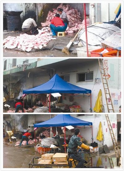 3名工人正在处理加工猪头肉,边上是公厕,距离不到3米