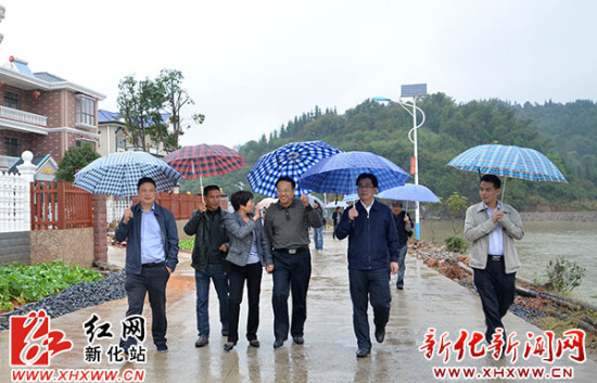 新化县委书记胡忠威率县直相关部门负责人,冒雨赶往洋溪镇白地村进行
