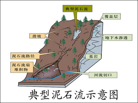 泥石流的形成过程中,陡峻且易集水的地形是基础,丰富的松散物质是要素