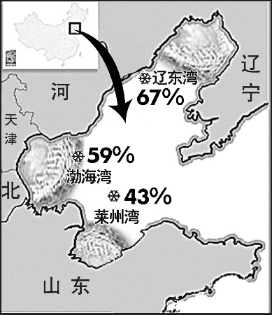 萊州灣冰蓋日增1000平方公里 渤海冰封面積已達45%,未來幾天還將加重