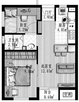 建築面積:52.72m2使用面積:34.29m25號方案c套型