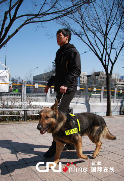一名韩国特警带着警犬在国际会展中心周围巡查