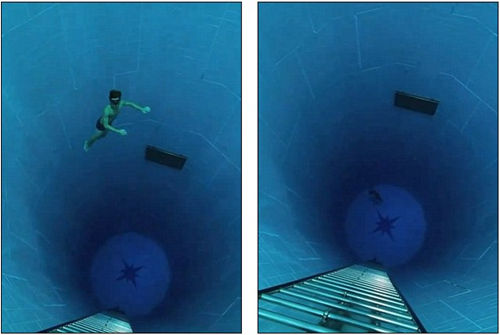 男子潜入世界最深游泳池底 未携带呼吸设备(图)