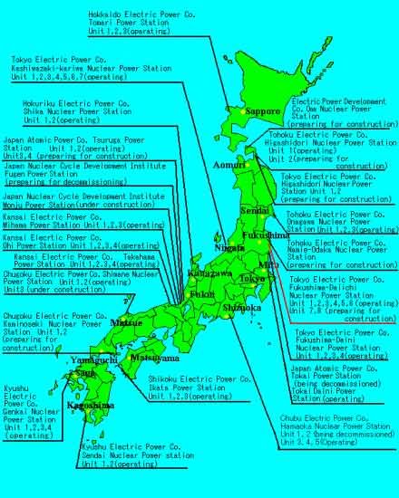 日本核能安全组织公布的日本境内的核电站分布图