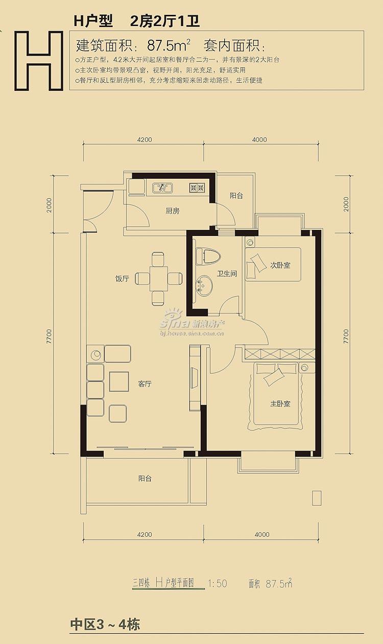 金鼎院宅(伟业嘉园二期 户型展示 h户型二室二厅一卫