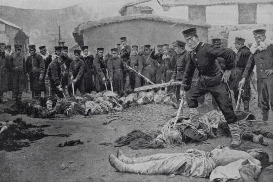 资料图:图为1895年2月2日旅顺沦陷后,《图片报》刊载的日军屠城照片